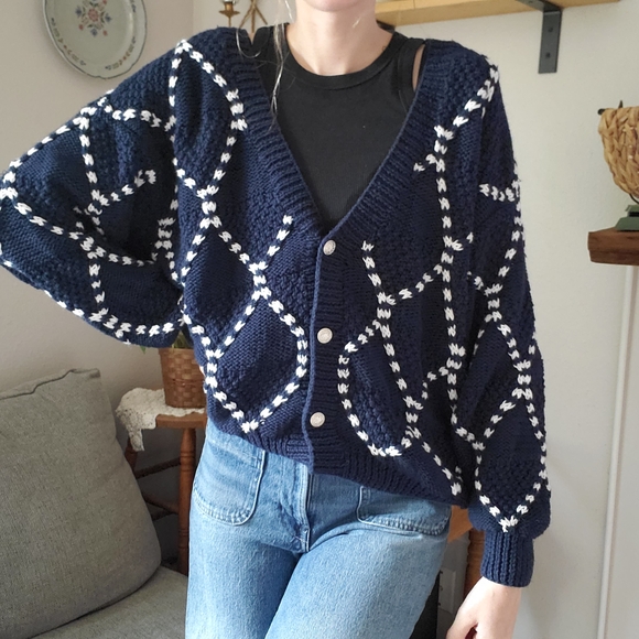 Nordstrom Navy and White Knit Cardigan Sweater Cozy Size XL - Picture 1 of 5